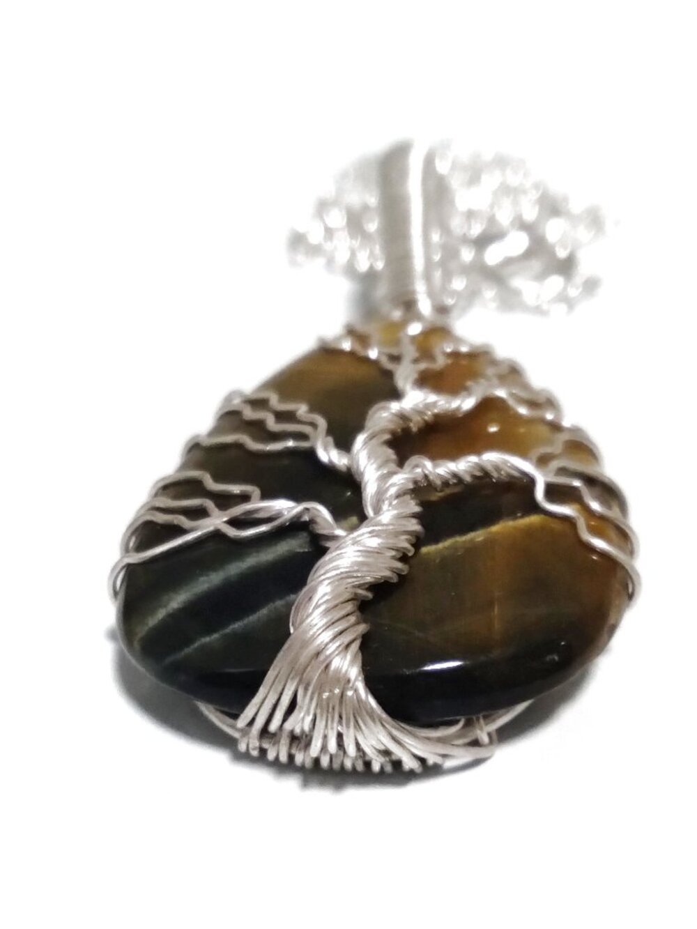 Handcrafted Tiger Eye Tree of Life Silver Plated Wrapped Pendant Necklace